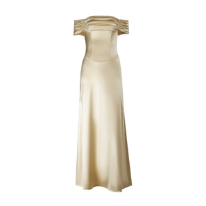 Detailed view of the elegant off-shoulder neckline and pleated champagne satin fabric