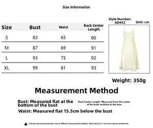 Detailed size chart with measurements for the off-white spaghetti strap princess dress
