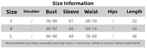 Detailed size chart for chiffon top with bust and length specs in S, M, L sizes