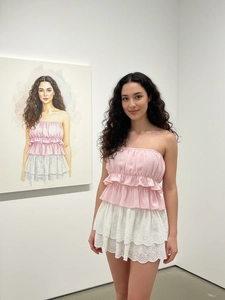 Tenue Douce pour Femmes Top Tube Rose à Volants et Jupe Blanche en Dentelle Anglaise Sans Manches Superposée d'Été