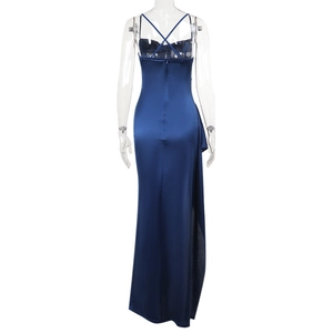 Detail of navy satin dress showing slim fit, lace-up back, and high side slit