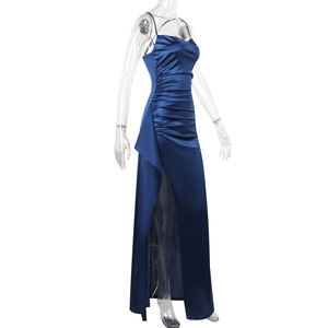 Close-up of Navy Blue Satin Dress showing side ruching and delicate spaghetti straps