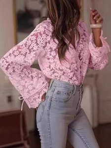 Pink floral lace long sleeve top with chic V-neck and drawstring cuffs for women