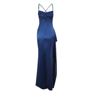 Detail of elegant navy blue satin dress featuring cross-back straps and silky texture