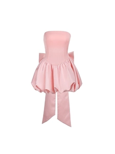 Elegant pink strapless bubble dress with a large decorative back bow and satin finish