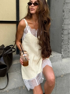Lace-trimmed cream summer slip dress with eyelash lace edges for a French country style