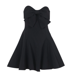 Detail of elegant black strapless A-line dress with a large decorative front bow