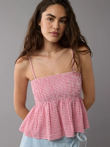 Women Vintage Gingham Plaid Smocked Camisole Adjustable Spaghetti Straps Peplum Hem Crop Top Sexy Sweet Gingham Summer Tank Top