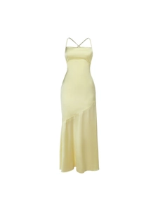 Elegant pale yellow satin maxi dress with thin cross-back straps and a flared A-line silhouette