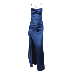 Elegant navy blue satin slim fit dress with cross-neck straps and side high slit