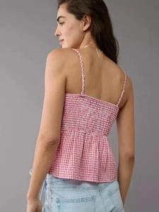 Pink and white gingham camisole with adjustable straps and elastic smocked back design