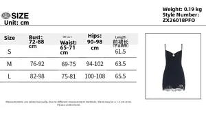 Tableau des tailles détaillé pour mini robe à bretelles noire, tailles S, M et L