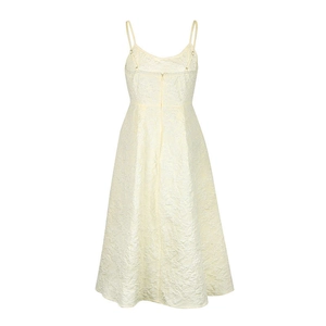 Detailed back view of light yellow sundress with 3D floral jacquard and hidden zipper