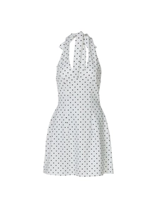 Sexy V-neck halter backless dress with retro black polka dots on white background