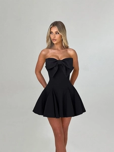 Women Strapless Off-Shoulder Mini Dress Elegant Giant Bow Decorative Puffy A-Line Skater Skirt Backless Party Cocktail Short Dress