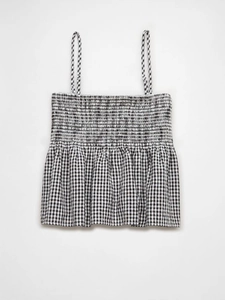 Black and white gingham smocked crop top with adjustable spaghetti straps and ruffled hem
