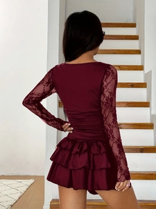 Elegant wine red long sleeve dress with lace details and tiered ruffle skirt back view