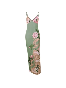Women's olive green V-neck camisole dress with pink floral and baroque scroll patterns