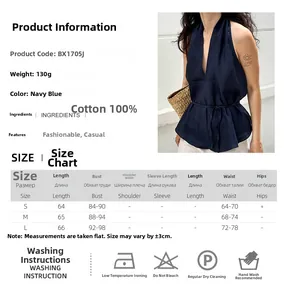 Detailed size chart for elegant navy halter neck top showing S M L dimensions in cm