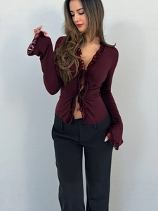 Deep red chiffon blouse with lace trim, bell sleeves and tie-front design for a slim fit