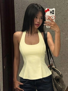Women's Sexy Halter Neck Peplum Tank Top Slim Fit Back Lace-up Solid Color Sleeveless Summer Streetwear Casual Top