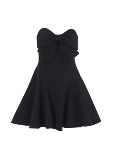 Elegant black strapless A-line mini dress with a large decorative bow on the chest