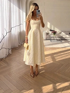 Elegant Apricot Jacquard Sling Dress For Women French Vintage Backless A-Line Midi Dress Summer Beach Party Sleeveless Dress