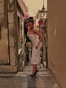 Polka dot off-the-shoulder A-line dress with shimmering fabric and bow detail