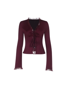 Elegant wine red chiffon blouse with V-neck lace trim and flared sleeves for women