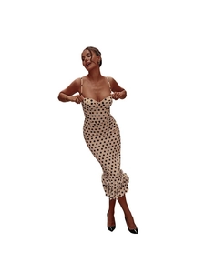 Elegant polka dot midi dress with sweetheart neckline and ruffled fishtail hemline