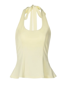 Slim fit pale yellow halter neck top with ruffled hem and backless tie design