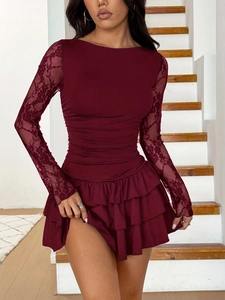 Chic burgundy long sleeve dress with floral lace sleeves and layered ruffle hemline