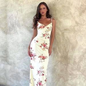 Slim fit cream floral A-line dress with spaghetti straps and pink flower pattern