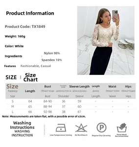 Size chart and fabric details for white slim fit lace long sleeve top with S M L measurements