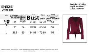 Detailed size guide in cm for the retro ruffled long sleeve top with measurement specs