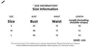 Detailed size chart with bust, waist, and length measurements for satin camisole top