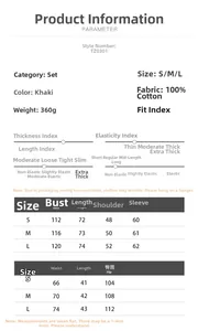 Detailed size chart for cotton long sleeve shirt and shorts set with measurement data