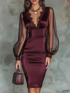 Robe Midi Femme Élégante en Satin Rouge Vin Col en V Avec Manches Lanternes en Maille et Patchwork de Dentelle Bodycon