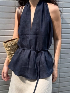 Elegant navy blue linen halter neck top with deep V-neck and waist tie design