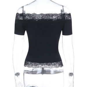 Rear view of slim fit off-shoulder black top with floral lace trim on edges