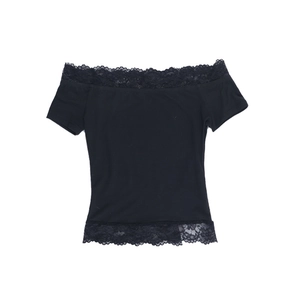 Detail of delicate black lace trim on an off-shoulder slim fit women top