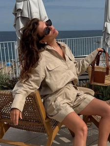 Women's beige cotton linen long sleeve shirt and high waist loose shorts two-piece set