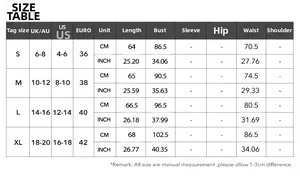 Detailed size guide table for women's spaghetti strap dress showing S-XL measurements