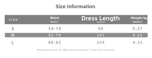 Detailed size chart for strapless bow dress including waist and length measurements