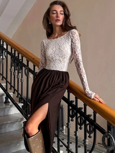 Elegant slim fit long sleeve lace dress with high slit brown skirt for social events