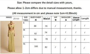 Size guide for women off-shoulder two-piece skirt set with bust and waist measurements
