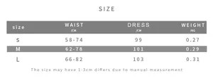 Detailed size chart for strapless bow dress showing waist length and weight measurements