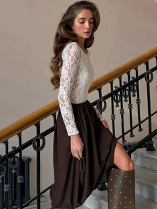 Elegant white lace long sleeve top and brown high-waist maxi skirt set for women