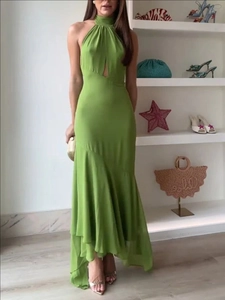 Grass green halter maxi dress with cutout detail and irregular layered ruffle fishtail hem