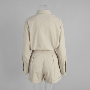 Back view of women's casual cotton long sleeve shirt and matching shorts set in khaki